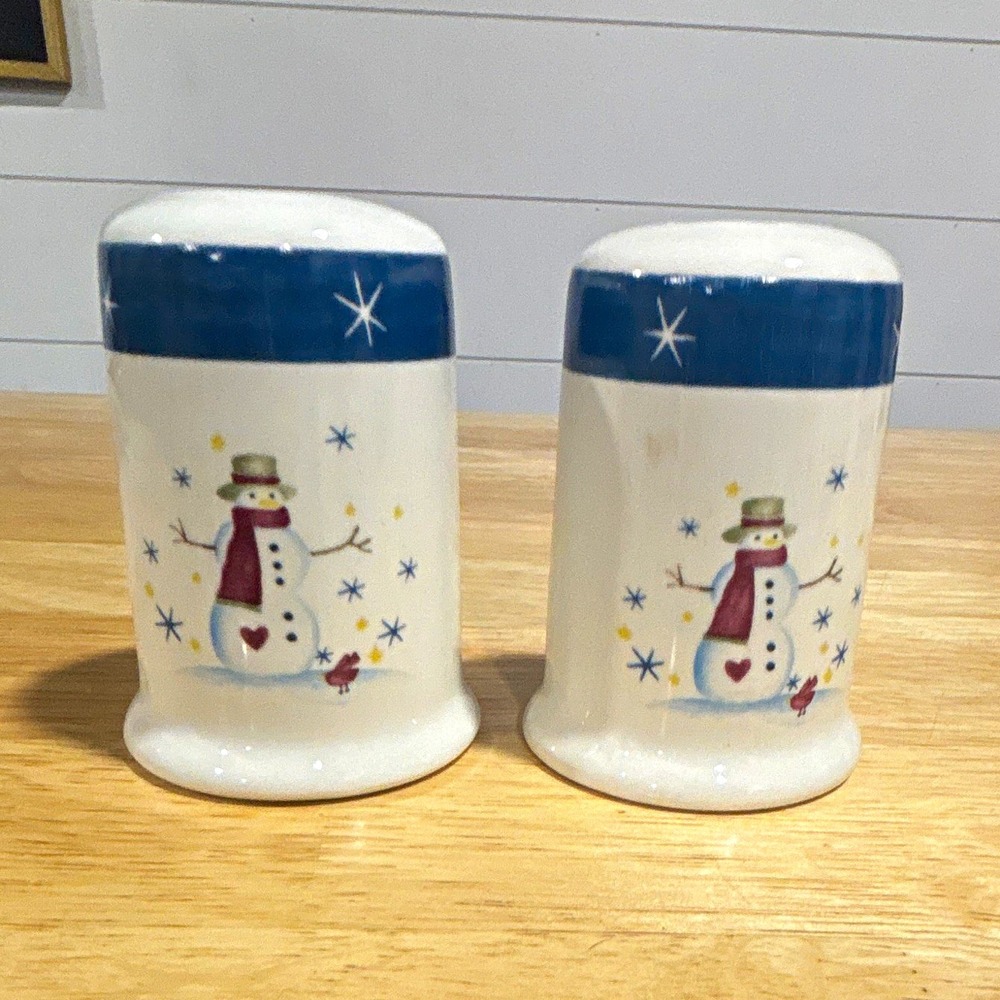 Ceramic Snowman Christmas Salt & Pepper Shakers Set, White Blue, 2pc 3"